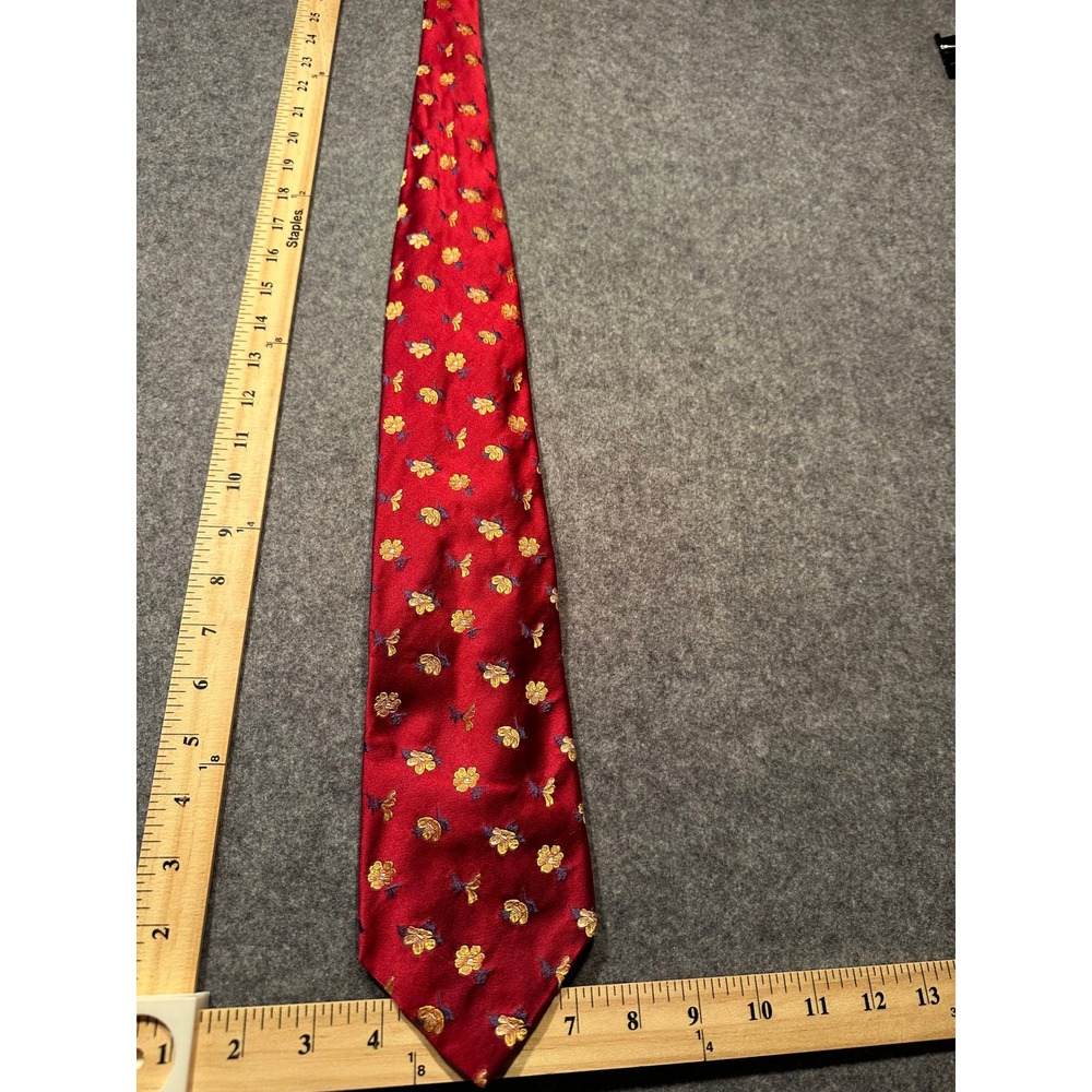 Faconnable Mens Red Floral Silk Necktie Made in France Yellow Flower Silk Tie